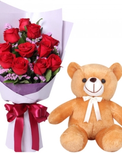 12 red Flower bouquet and 2 ft BRownTeddy