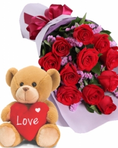 12 red Flower bouquet and 2 ft teddy with pillow
