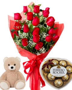 12 Red Roses + Heart box + small teddy